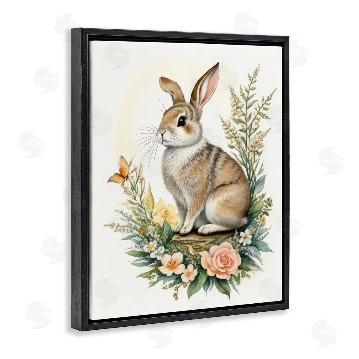 Rabbit Among Flowers Black Floating Frame Canvas Wall Art, Home Decor by Denise Dundon