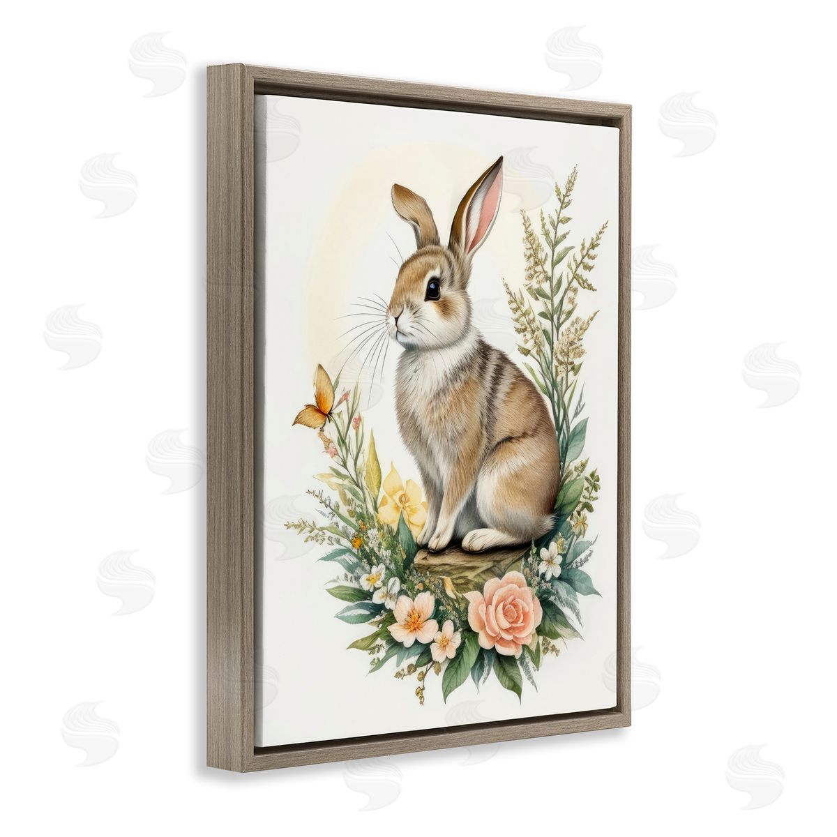 Rabbit Among Flowers Brown Floating Frame Canvas Wall Art, Home Decor by Denise Dundon
