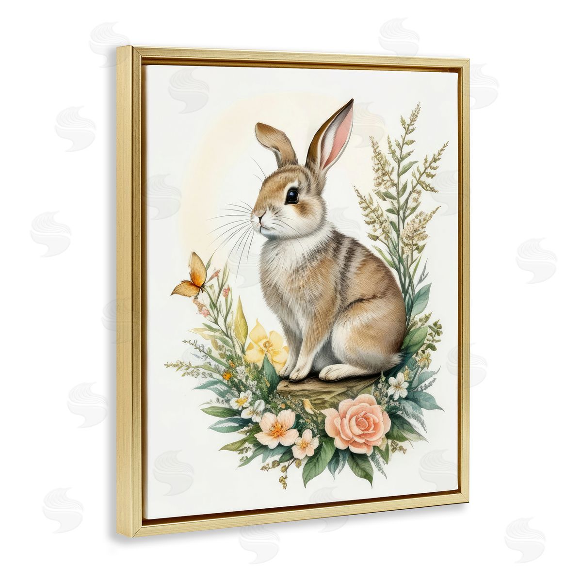 Rabbit Among Flowers Gold Floating Frame Canvas Wall Art, Home Decor by Denise Dundon