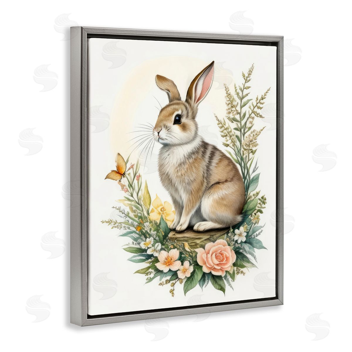 Rabbit Among Flowers Grey Floating Frame Canvas Wall Art, Home Decor by Denise Dundon