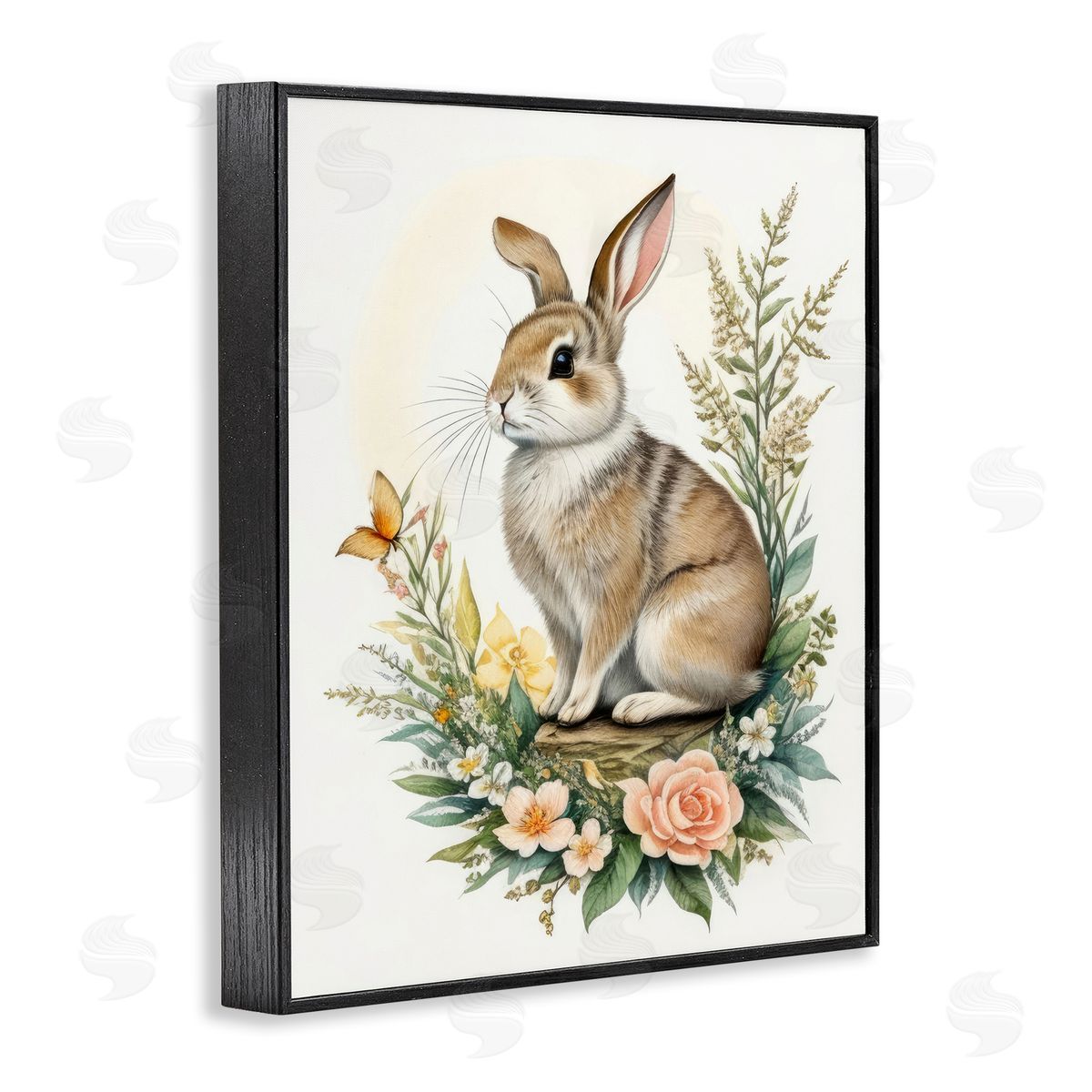 Rabbit Among Flowers Black Frame Print Wall Art, Home Decor by Denise Dundon
