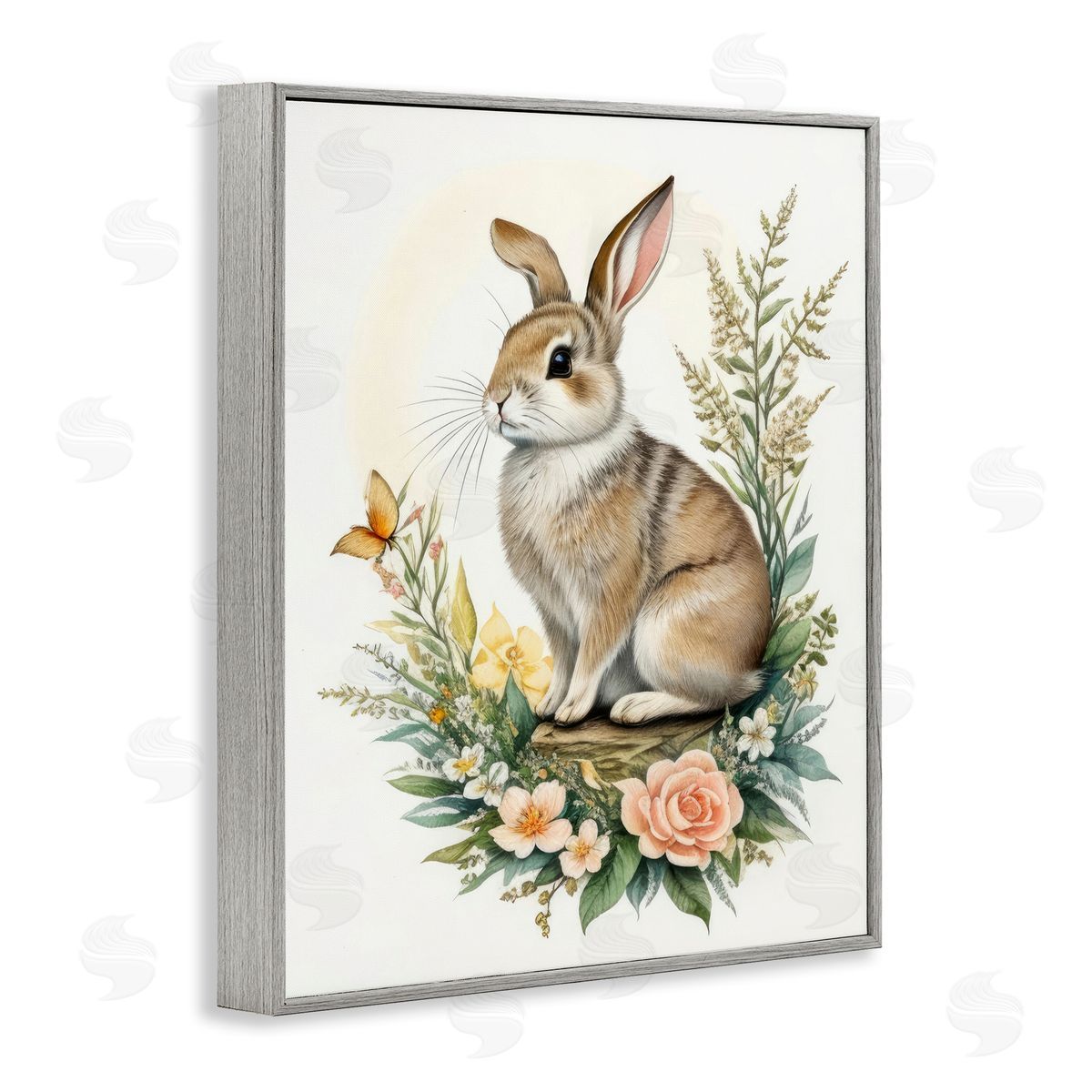 Rabbit Among Flowers Grey Frame Print Wall Art, Home Decor by Denise Dundon