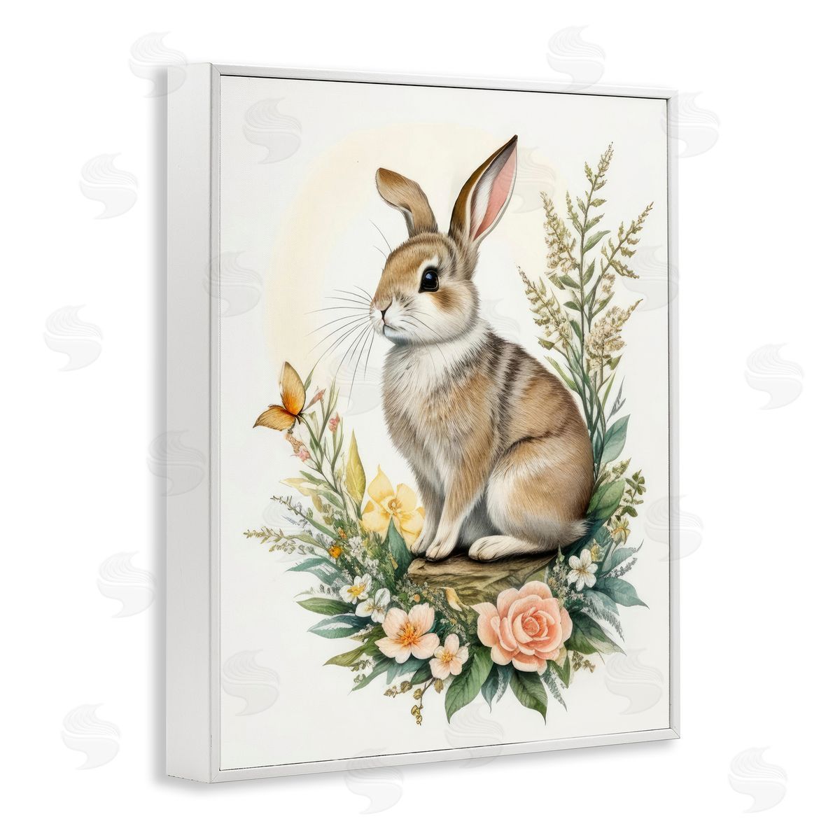 Rabbit Among Flowers White Frame Print Wall Art, Home Decor by Denise Dundon