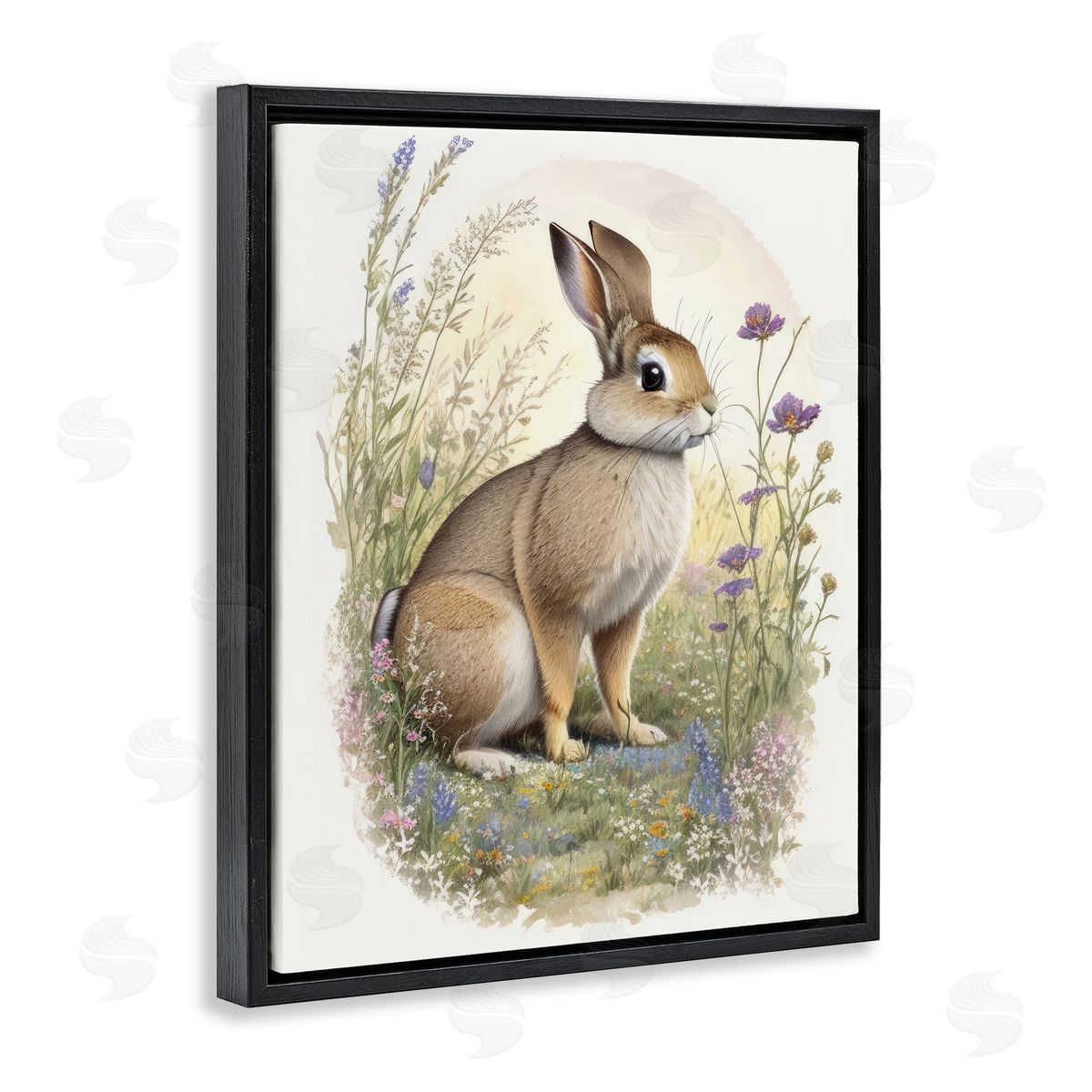 Rabbit with Meadow Blooms Black Floating Frame Canvas Wall Art, Home Decor by Denise Dundon