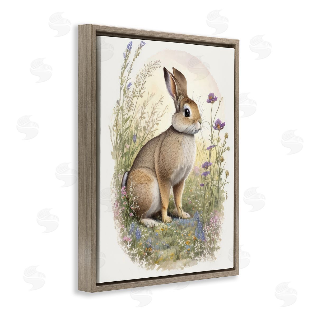 Rabbit with Meadow Blooms Brown Floating Frame Canvas Wall Art, Home Decor by Denise Dundon