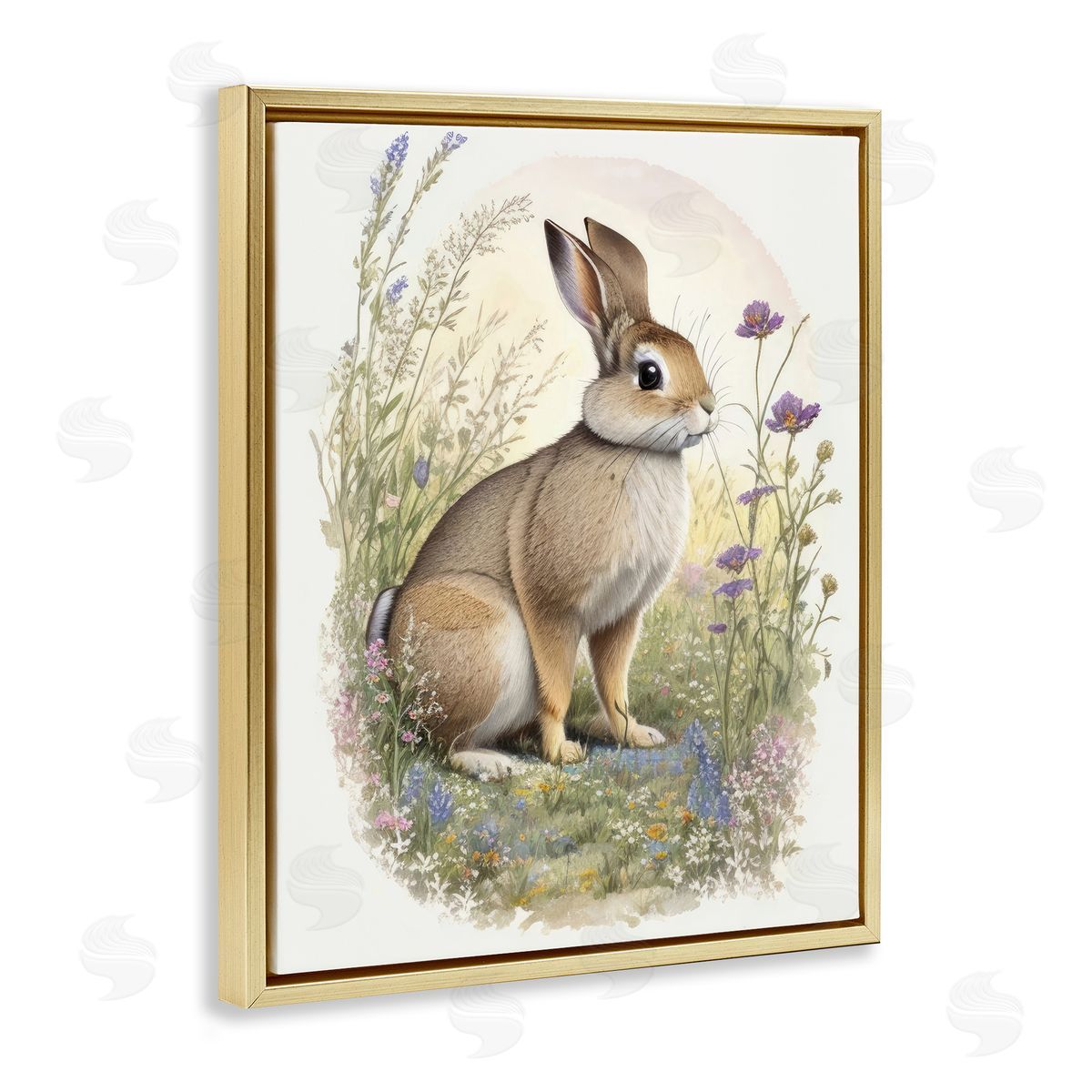 Rabbit with Meadow Blooms Gold Floating Frame Canvas Wall Art, Home Decor by Denise Dundon