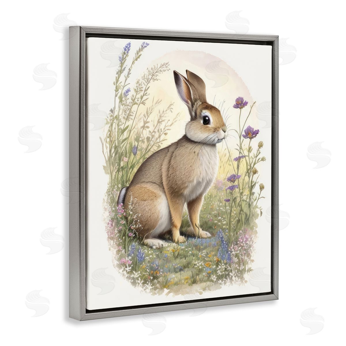 Rabbit with Meadow Blooms Grey Floating Frame Canvas Wall Art, Home Decor by Denise Dundon