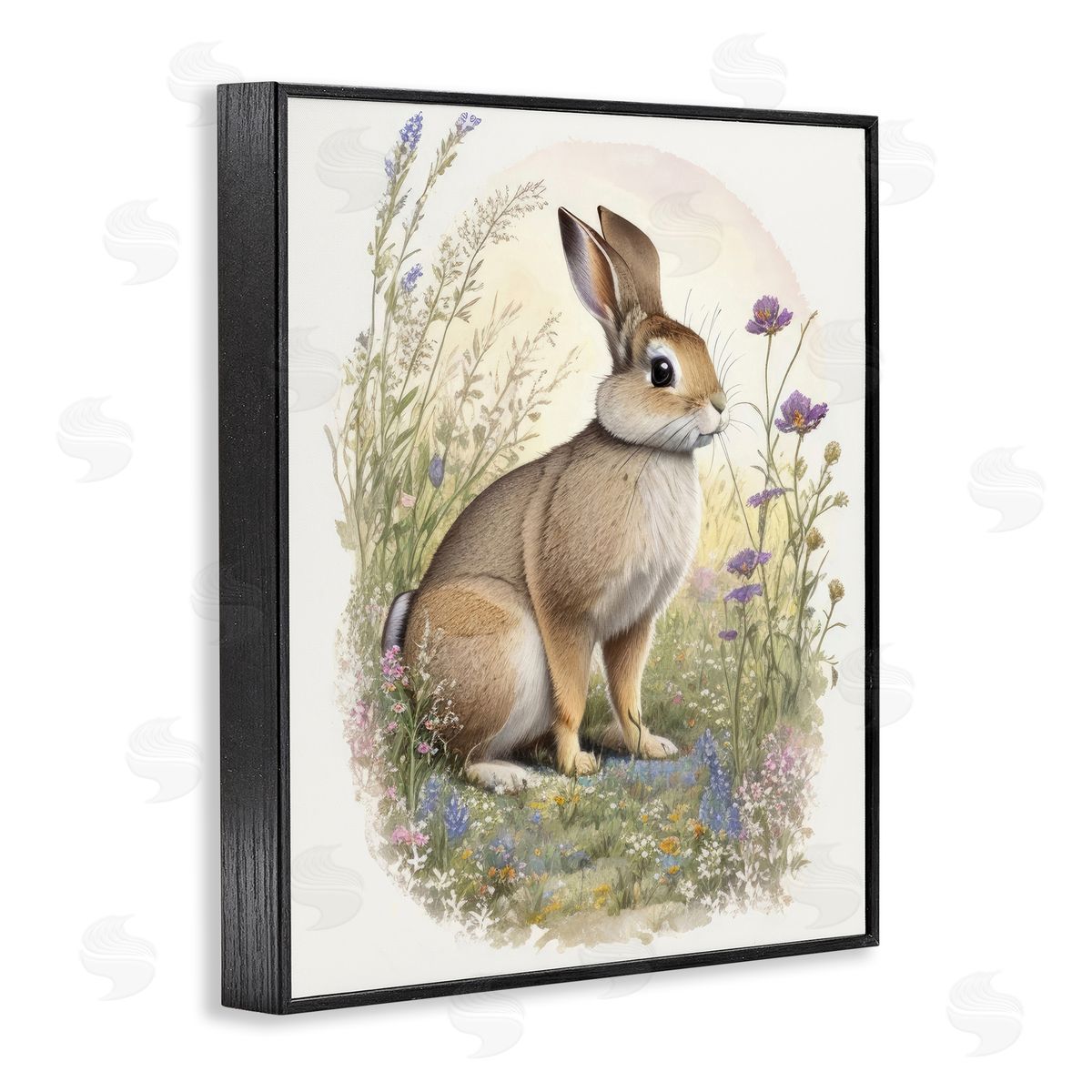 Rabbit with Meadow Blooms Black Frame Print Wall Art, Home Decor by Denise Dundon