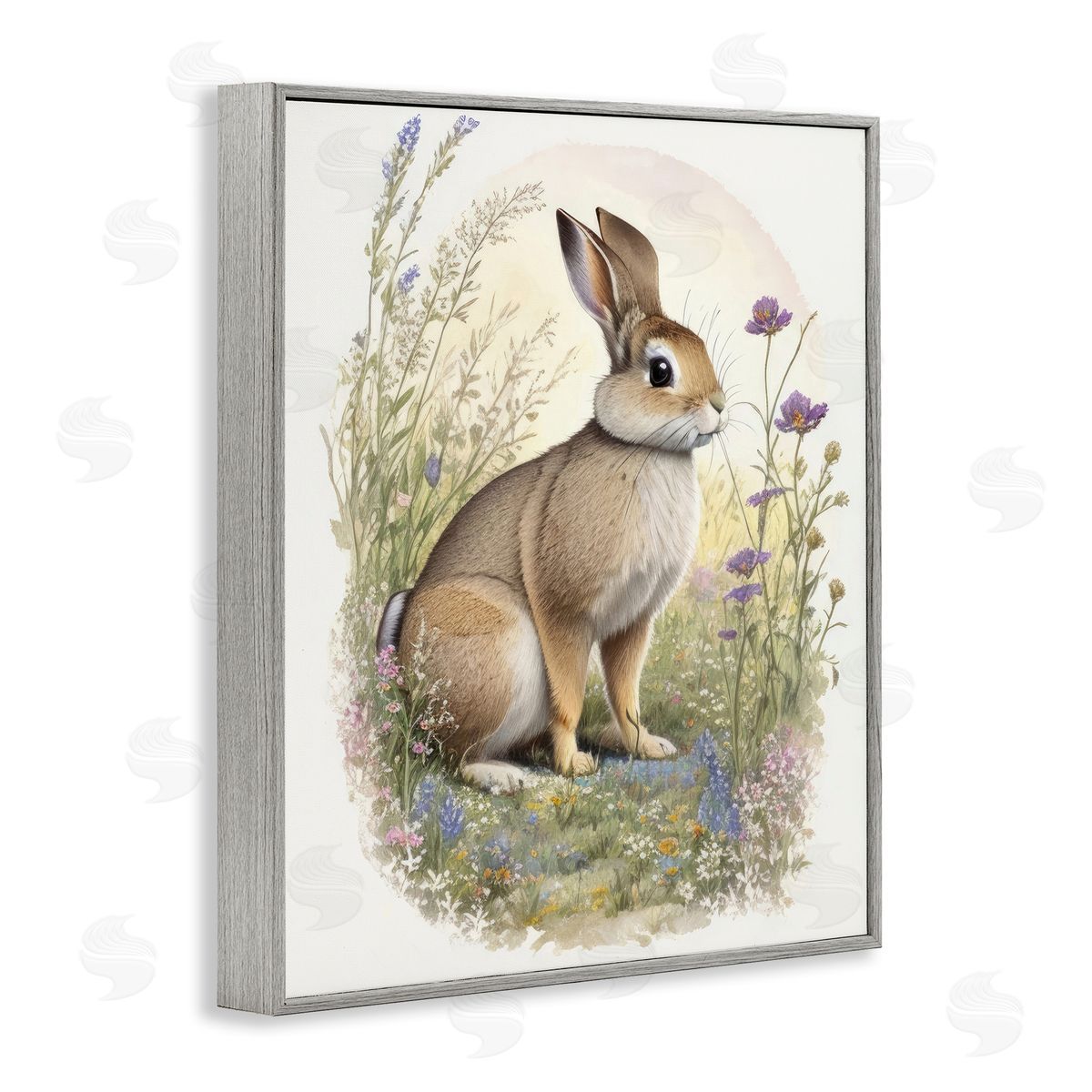 Rabbit with Meadow Blooms Grey Frame Print Wall Art, Home Decor by Denise Dundon