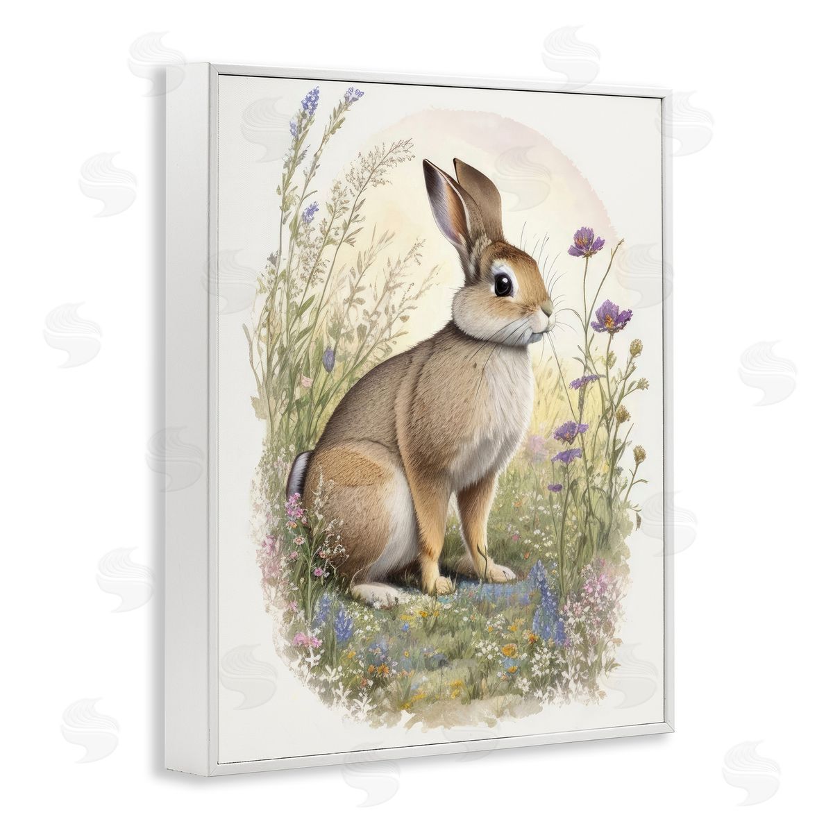 Rabbit with Meadow Blooms White Frame Print Wall Art, Home Decor by Denise Dundon