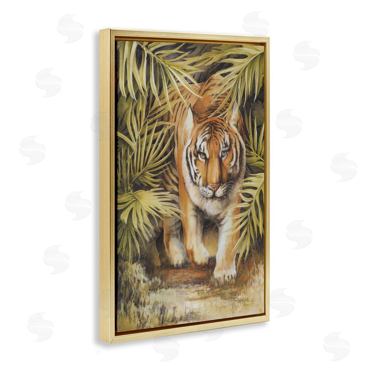 Tiger Prowling Through Leaves Gold Floating Frame Canvas Wall Art, Home Decor by Cloverfield and Co.