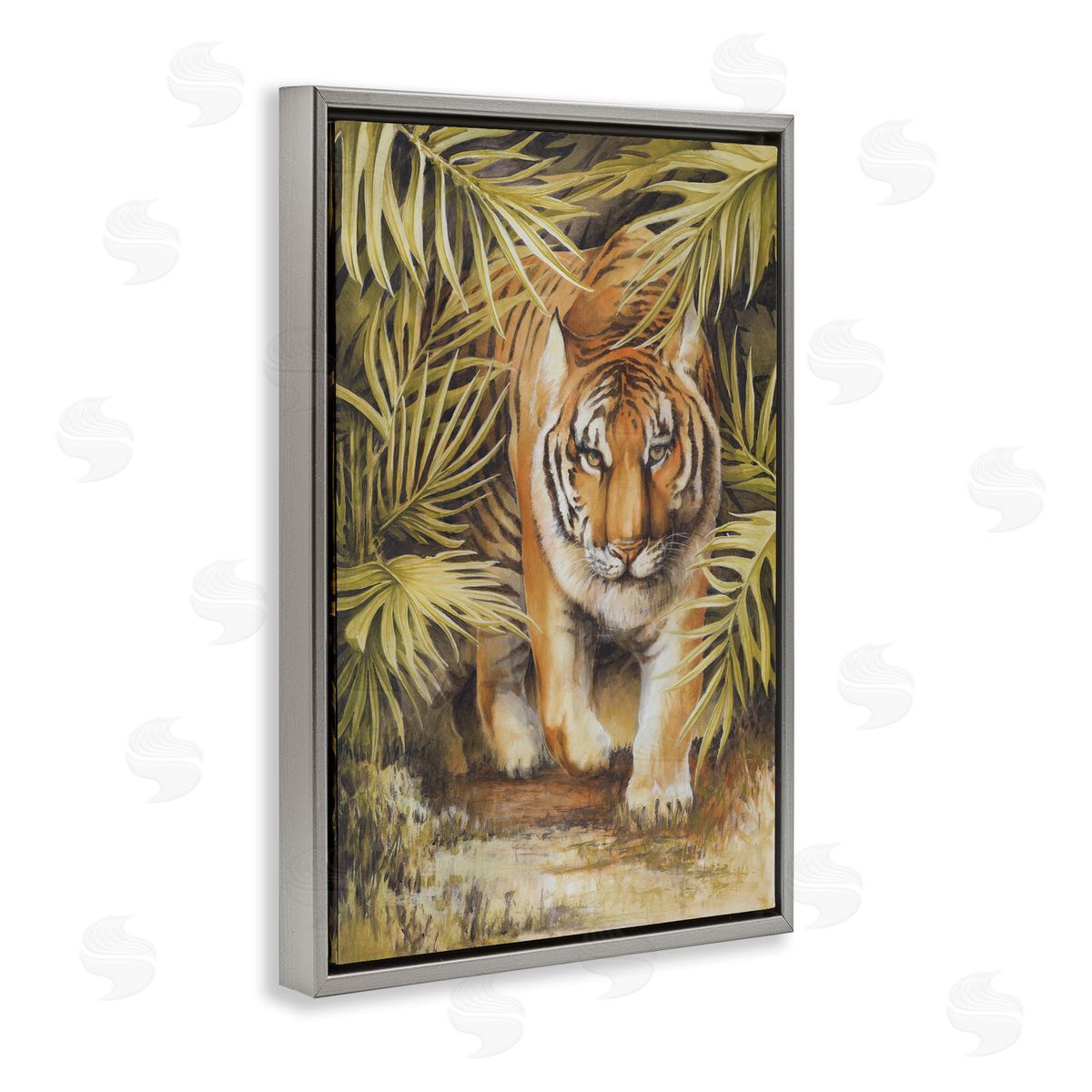Tiger Prowling Through Leaves Grey Floating Frame Canvas Wall Art, Home Decor by Cloverfield and Co.