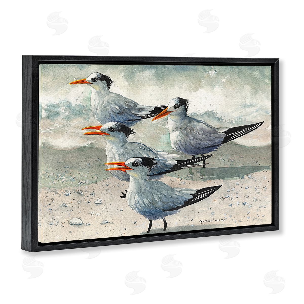 Birds on Sandy Beach Black Floating Frame Canvas Wall Art, Home Decor by Christine Reichow