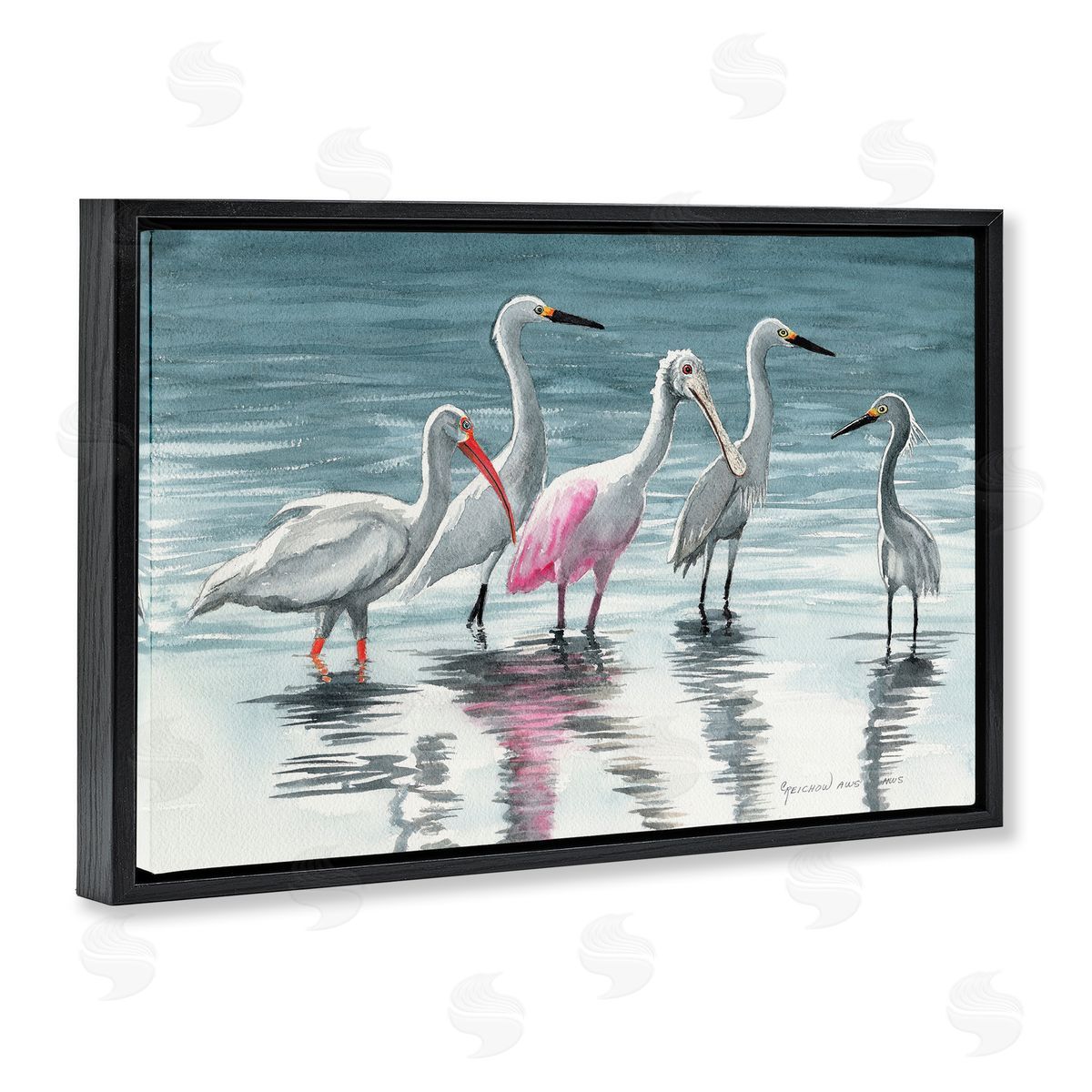 Herons Stepping in Shore Black Floating Frame Canvas Wall Art, Home Decor by Christine Reichow