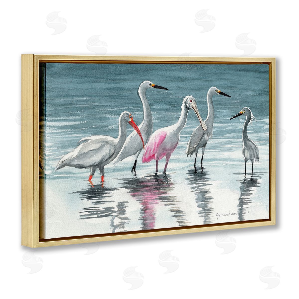 Herons Stepping in Shore Gold Floating Frame Canvas Wall Art, Home Decor by Christine Reichow