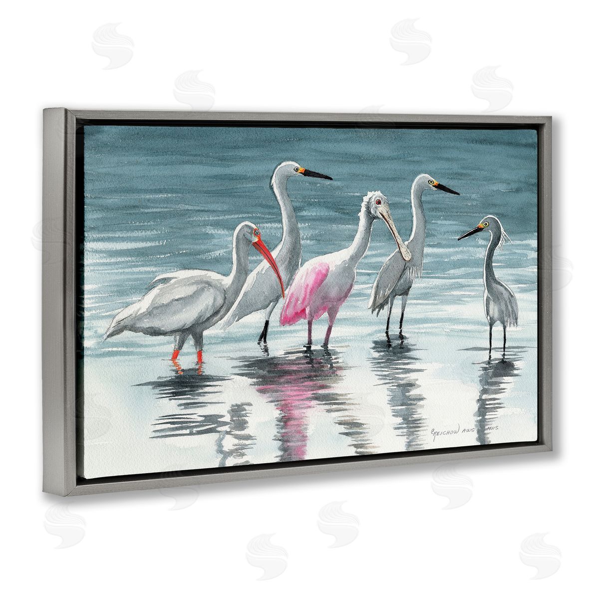 Herons Stepping in Shore Grey Floating Frame Canvas Wall Art, Home Decor by Christine Reichow