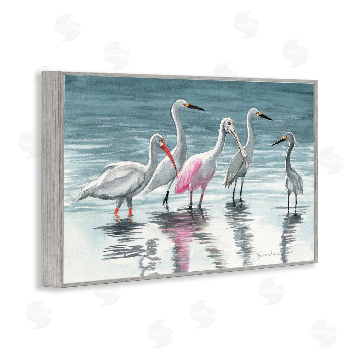 Herons Stepping in Shore Grey Frame Print Wall Art, Home Decor by Christine Reichow