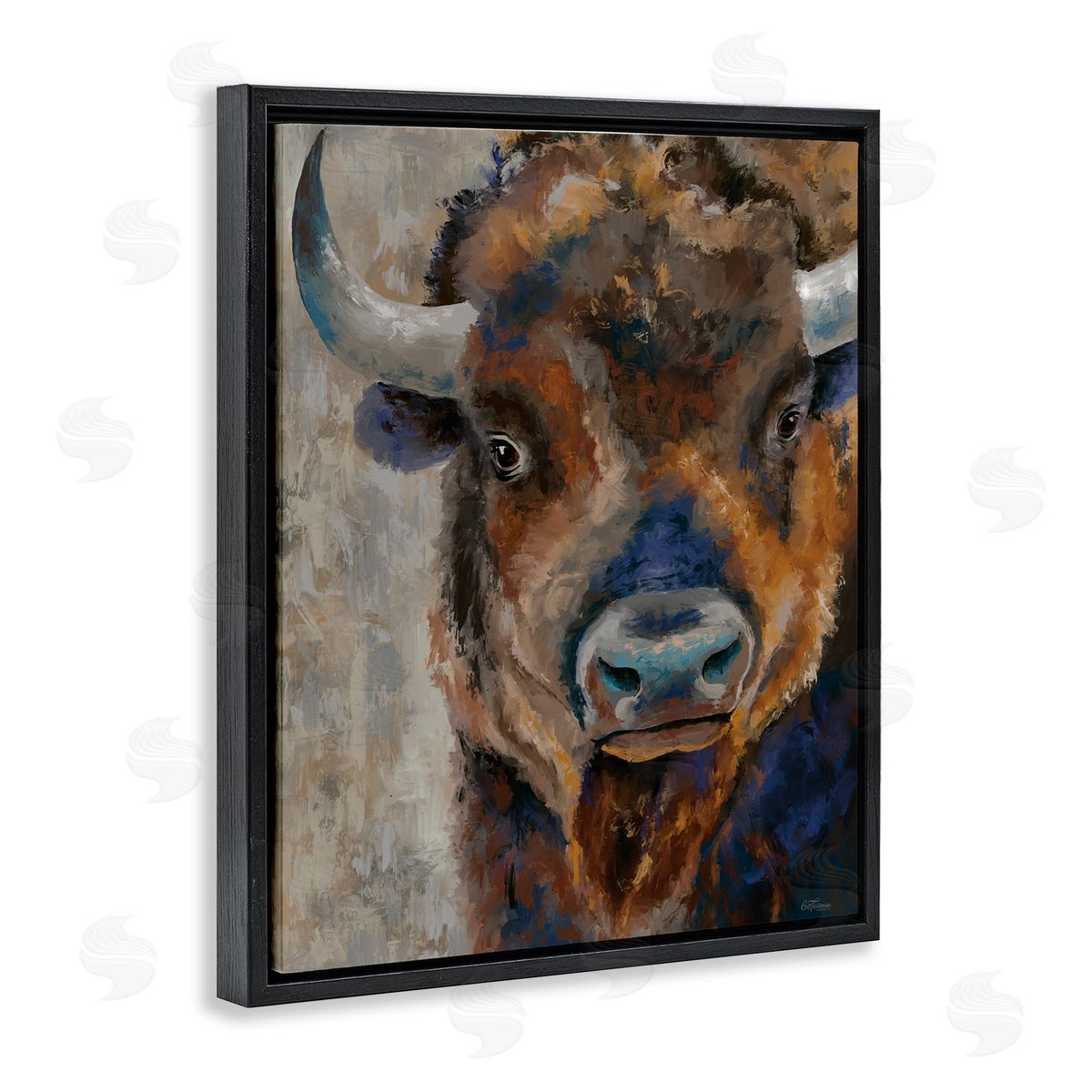 Bison Rustic Portrait Black Floating Frame Canvas Wall Art, Home Decor by Cat Thurman Designs