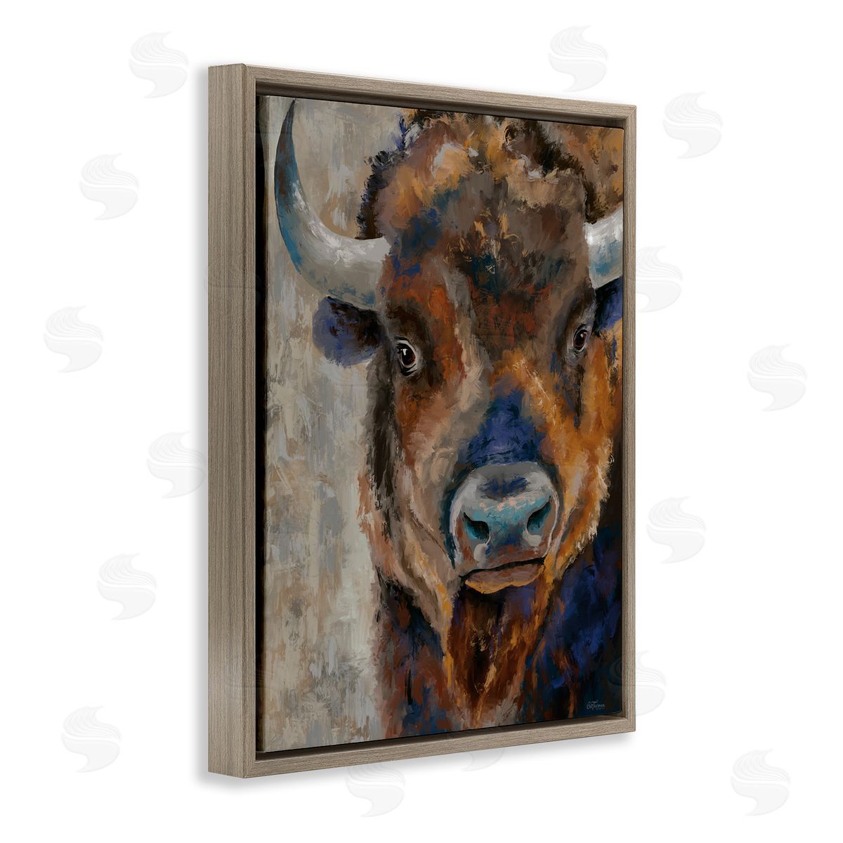 Bison Rustic Portrait Brown Floating Frame Canvas Wall Art, Home Decor by Cat Thurman Designs