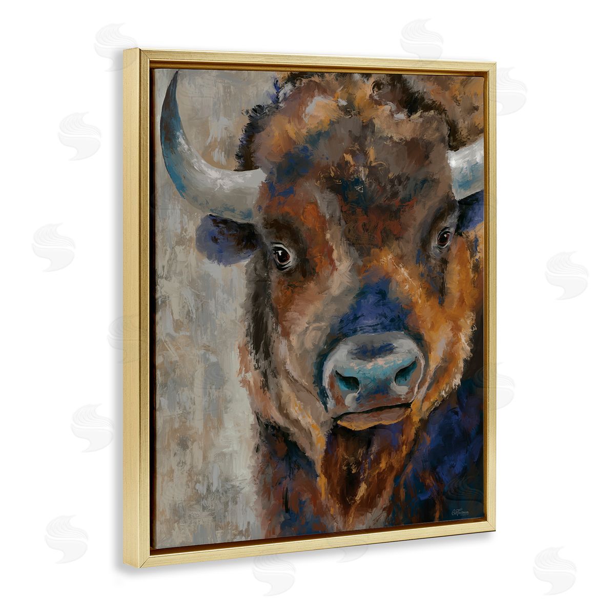 Bison Rustic Portrait Gold Floating Frame Canvas Wall Art, Home Decor by Cat Thurman Designs