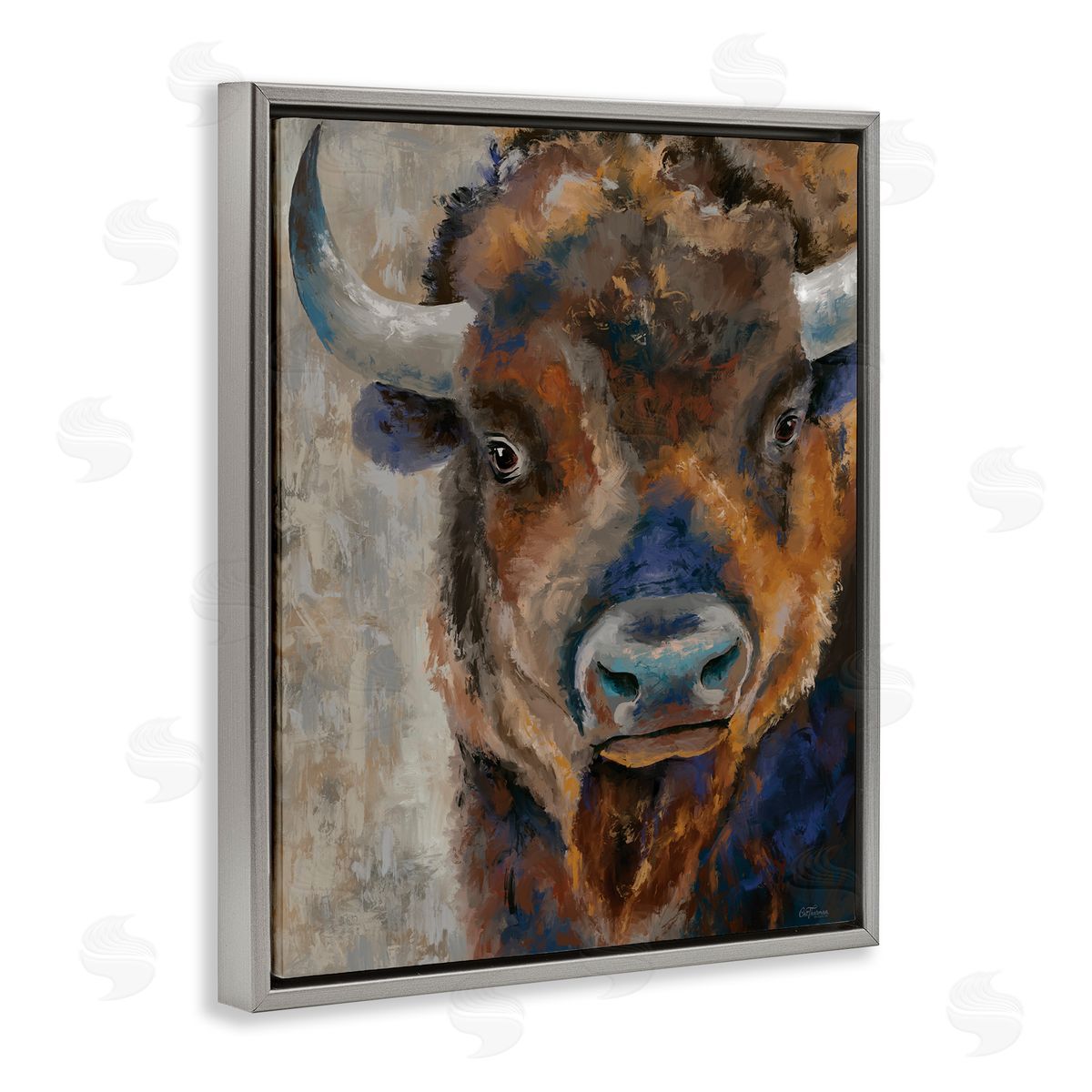 Bison Rustic Portrait Grey Floating Frame Canvas Wall Art, Home Decor by Cat Thurman Designs