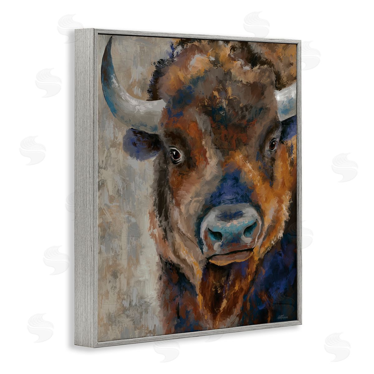 Bison Rustic Portrait Grey Frame Print Wall Art, Home Decor by Cat Thurman Designs