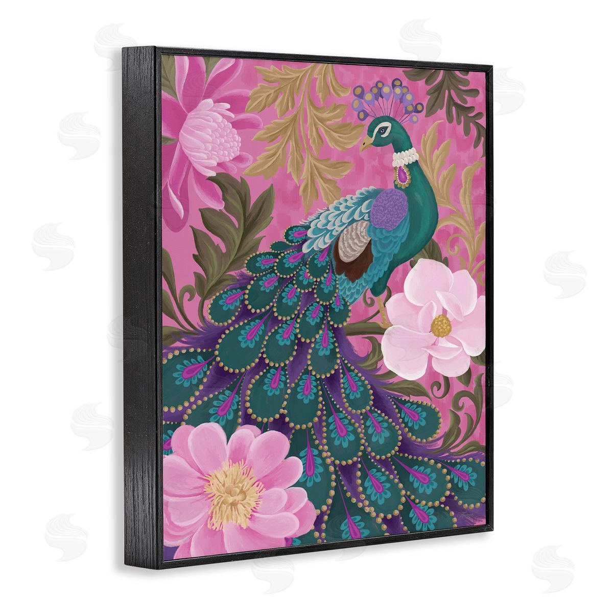 Peacock and Pink Blossoms Black Frame Print Wall Art, Home Decor by Cat Thurman Designs