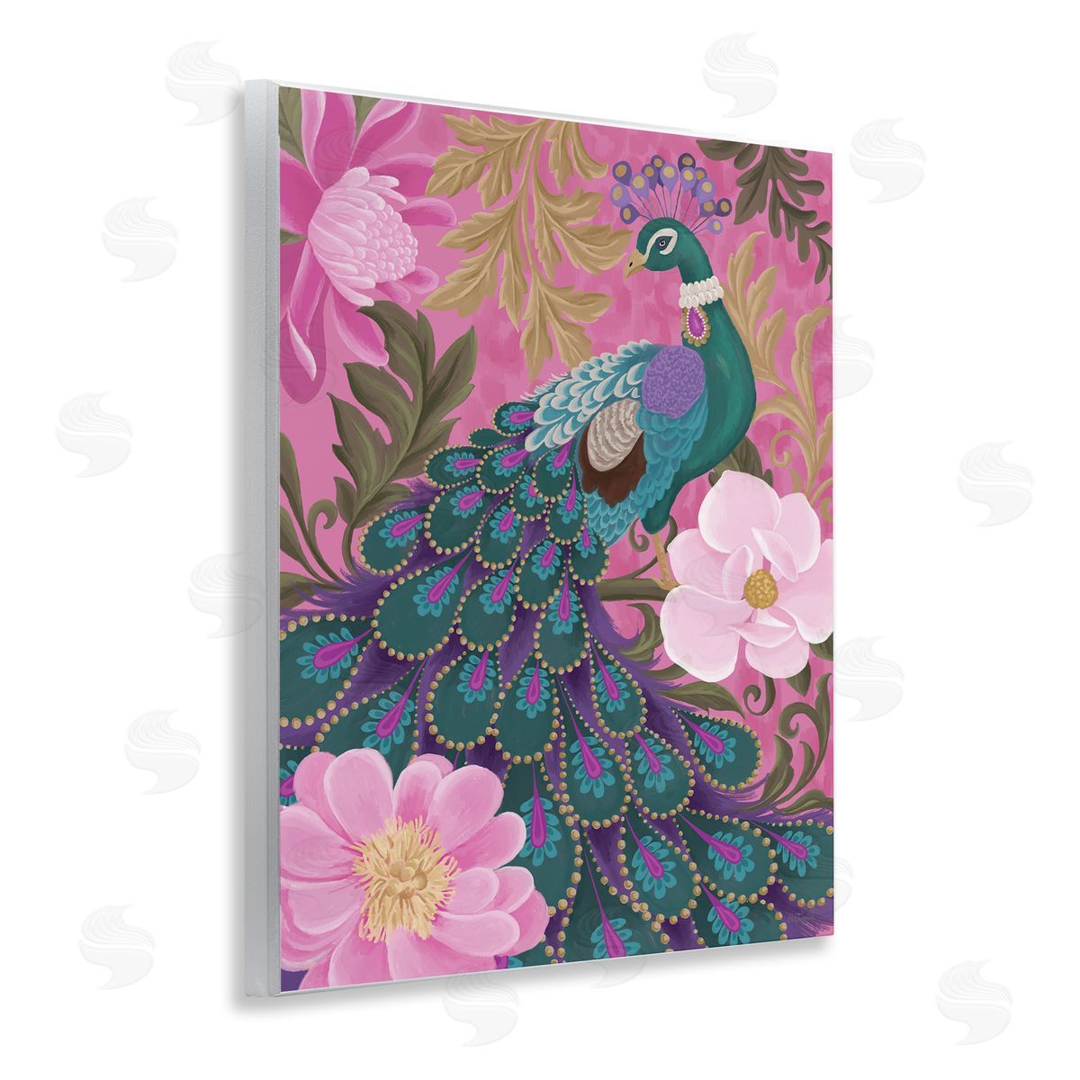 Peacock and Pink Blossoms Wood Plaque Wall Art, Home Decor by Cat Thurman Designs