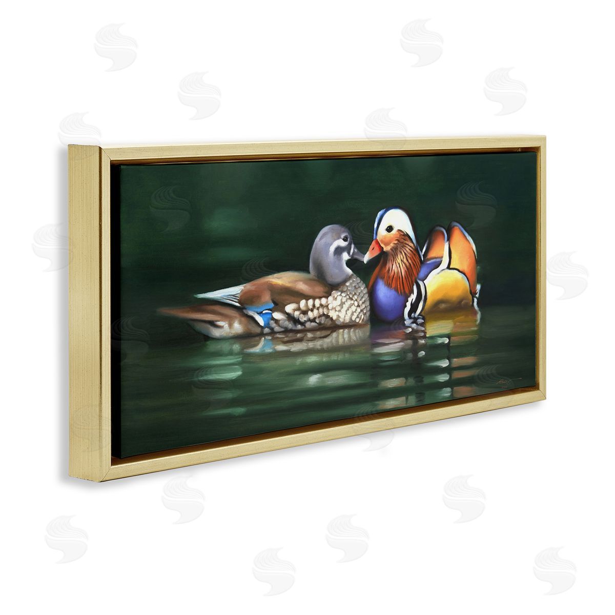 Patterned Birds in Lake Gold Floating Frame Canvas Wall Art, Home Decor by D. Rust