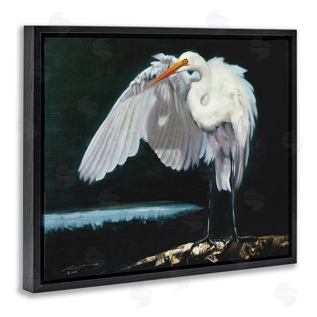 Stoic Heron Standing Black Floating Frame Canvas Wall Art, Home Decor by D. Rust