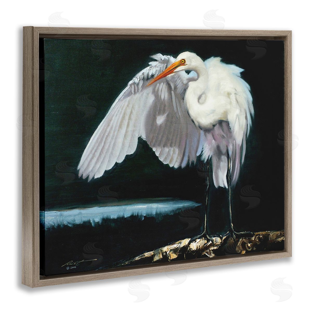 Stoic Heron Standing Brown Floating Frame Canvas Wall Art, Home Decor by D. Rust