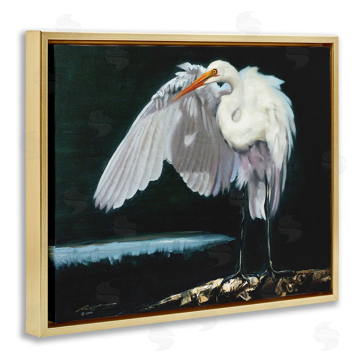 Stoic Heron Standing Gold Floating Frame Canvas Wall Art, Home Decor by D. Rust