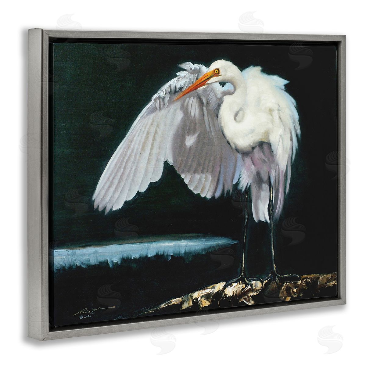 Stoic Heron Standing Grey Floating Frame Canvas Wall Art, Home Decor by D. Rust