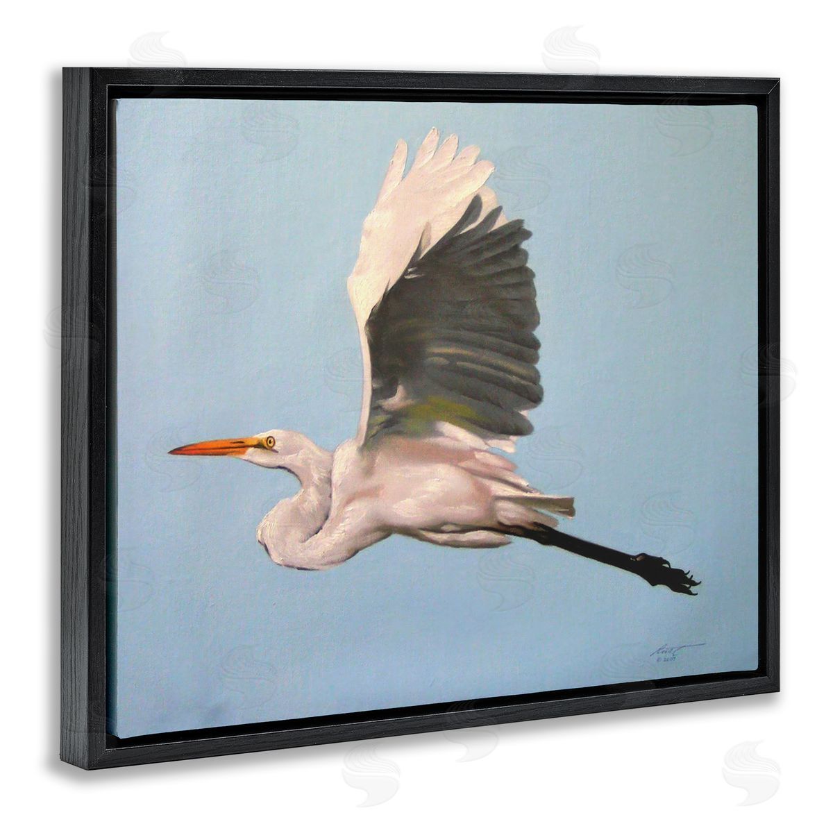 Graceful Egret Flying Black Floating Frame Canvas Wall Art, Home Decor by D. Rust
