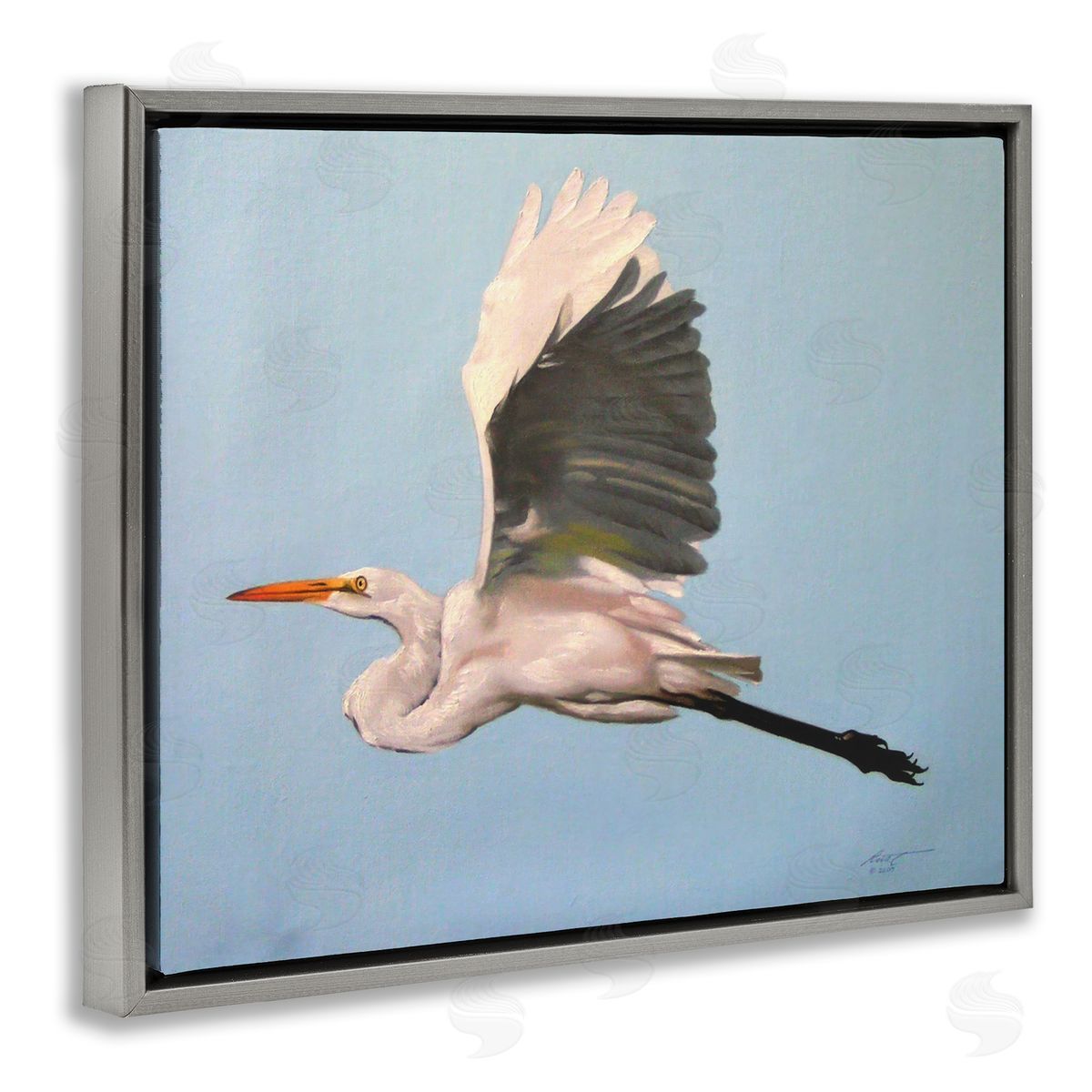 Graceful Egret Flying Grey Floating Frame Canvas Wall Art, Home Decor by D. Rust