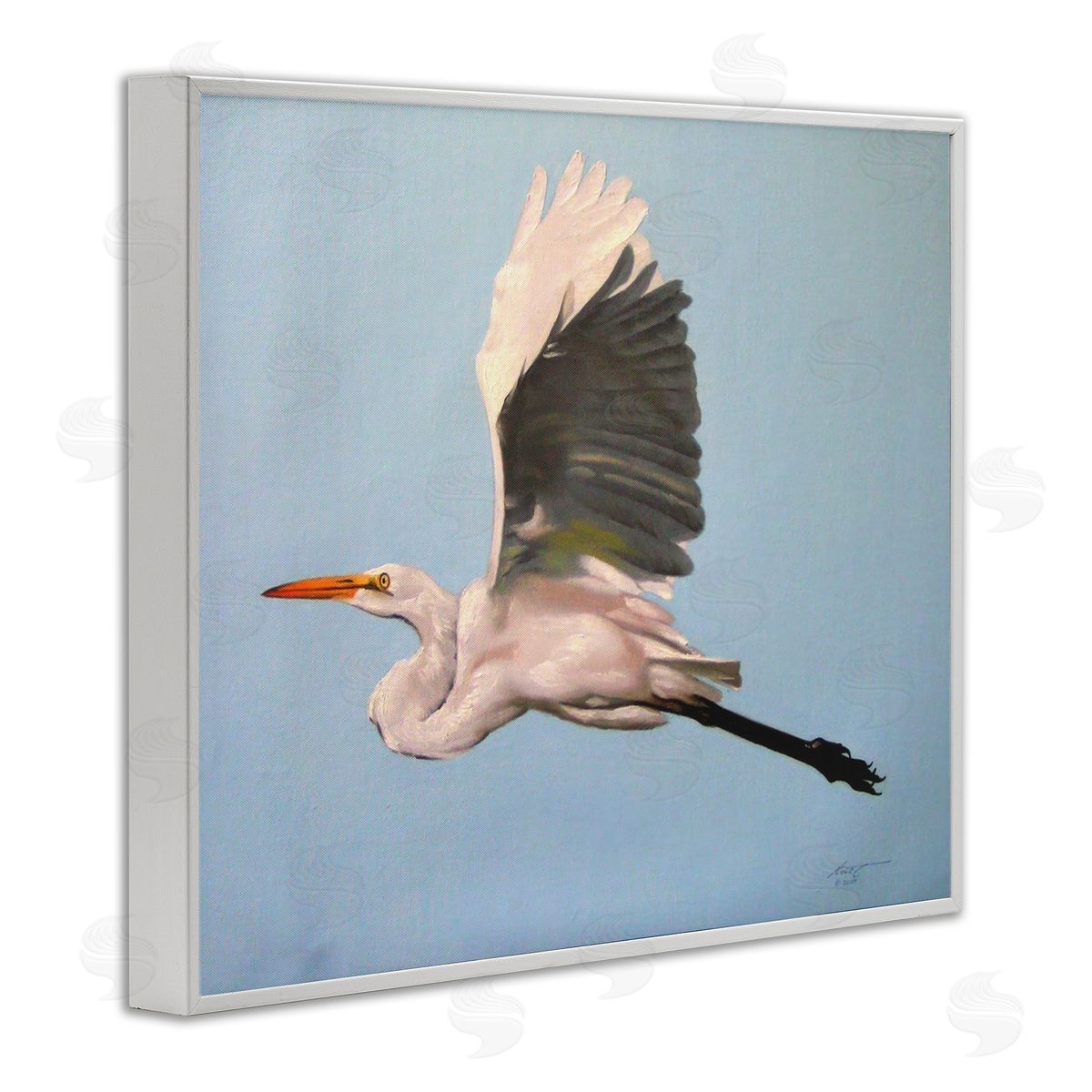 Graceful Egret Flying White Frame Print Wall Art, Home Decor by D. Rust