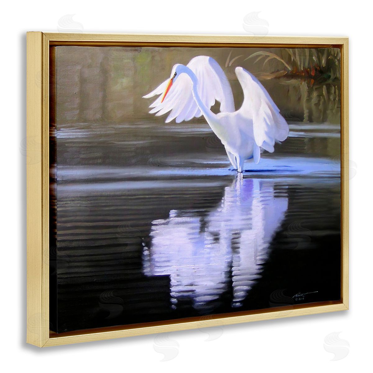 Egret with Water Ripples Gold Floating Frame Canvas Wall Art, Home Decor by D. Rust
