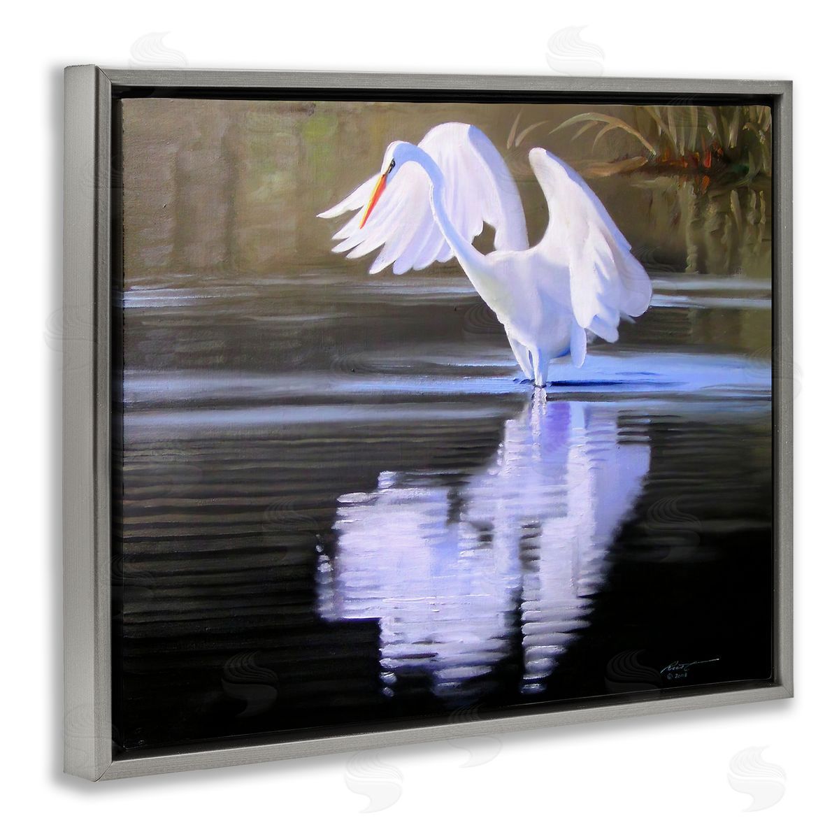 Egret with Water Ripples Grey Floating Frame Canvas Wall Art, Home Decor by D. Rust