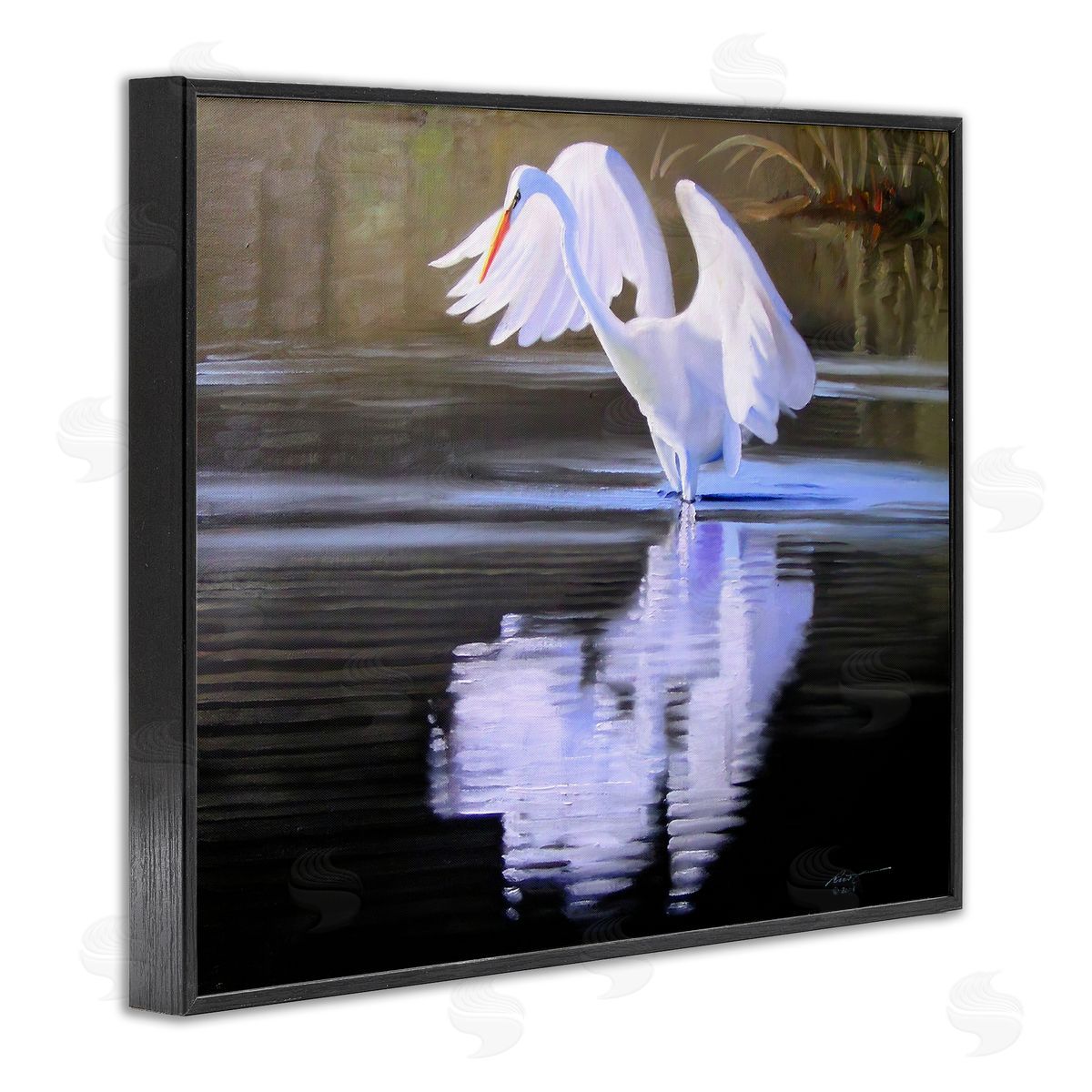 Egret with Water Ripples Black Frame Print Wall Art, Home Decor by D. Rust
