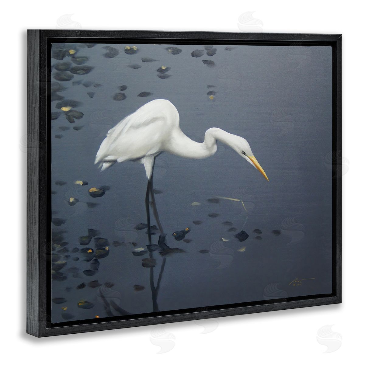 Graceful Egret in Lake Black Floating Frame Canvas Wall Art, Home Decor by D. Rust