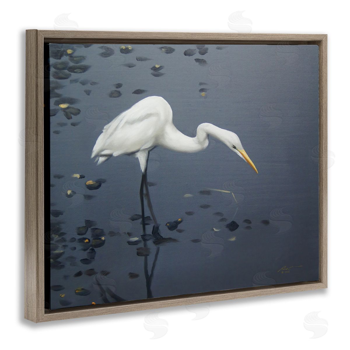 Graceful Egret in Lake Brown Floating Frame Canvas Wall Art, Home Decor by D. Rust