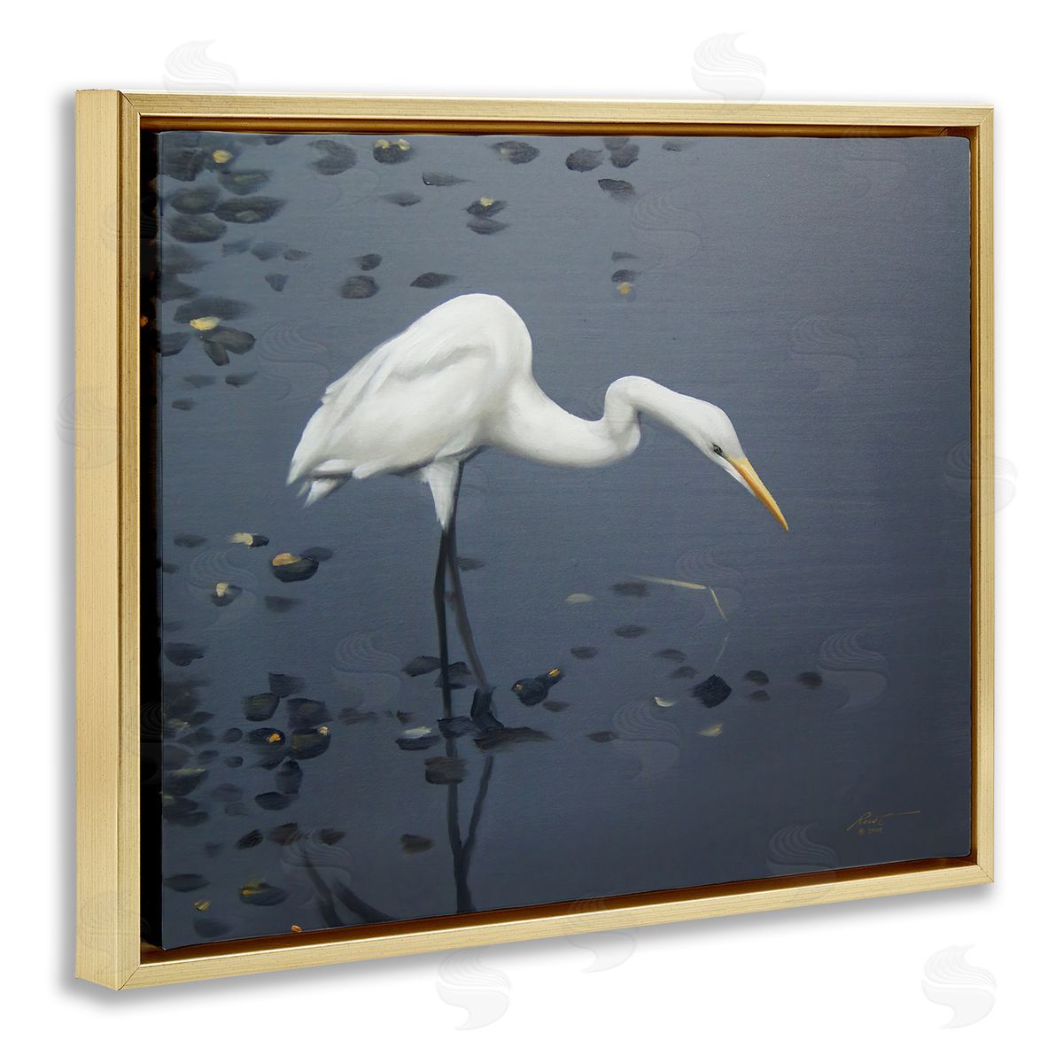 Graceful Egret in Lake Gold Floating Frame Canvas Wall Art, Home Decor by D. Rust