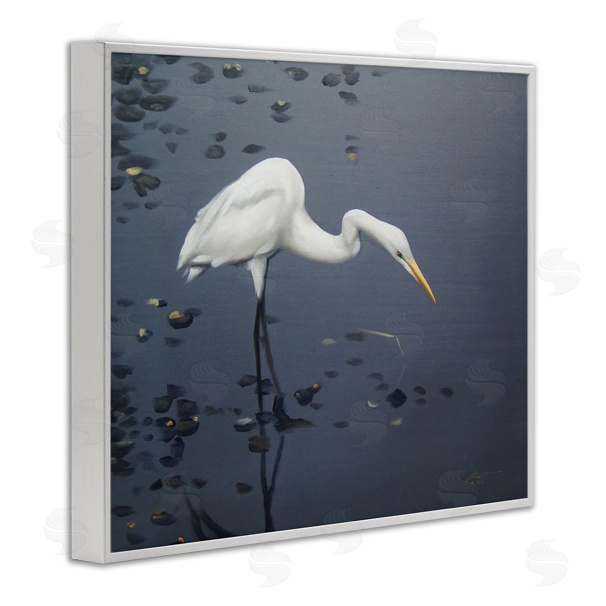 Graceful Egret in Lake White Frame Print Wall Art, Home Decor by D. Rust