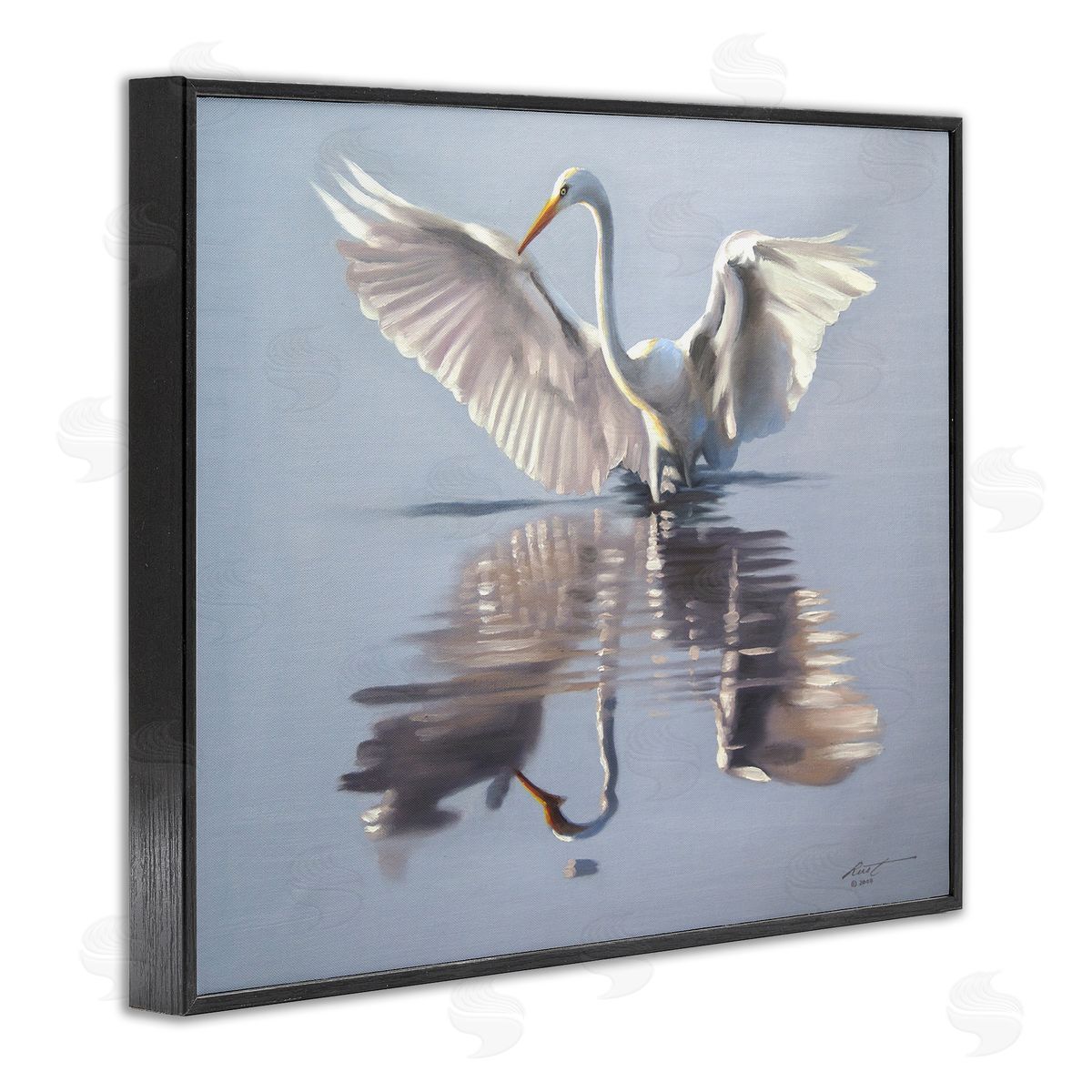 Egret with Beautiful Wingspan Black Frame Print Wall Art, Home Decor by D. Rust