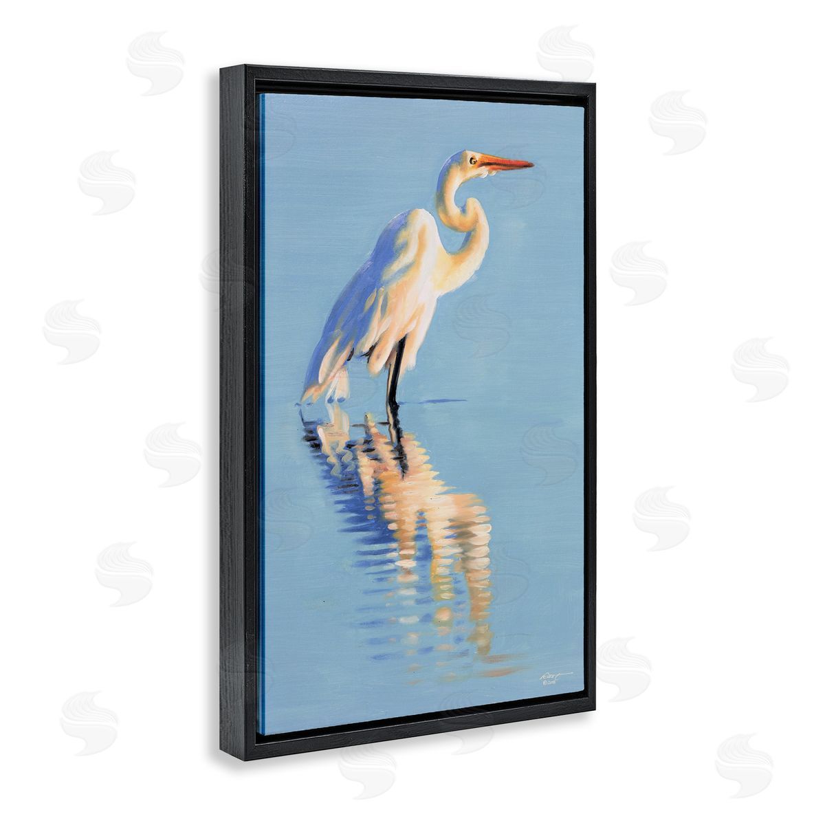 Blue Egret Reflection Black Floating Frame Canvas Wall Art, Home Decor by D. Rust