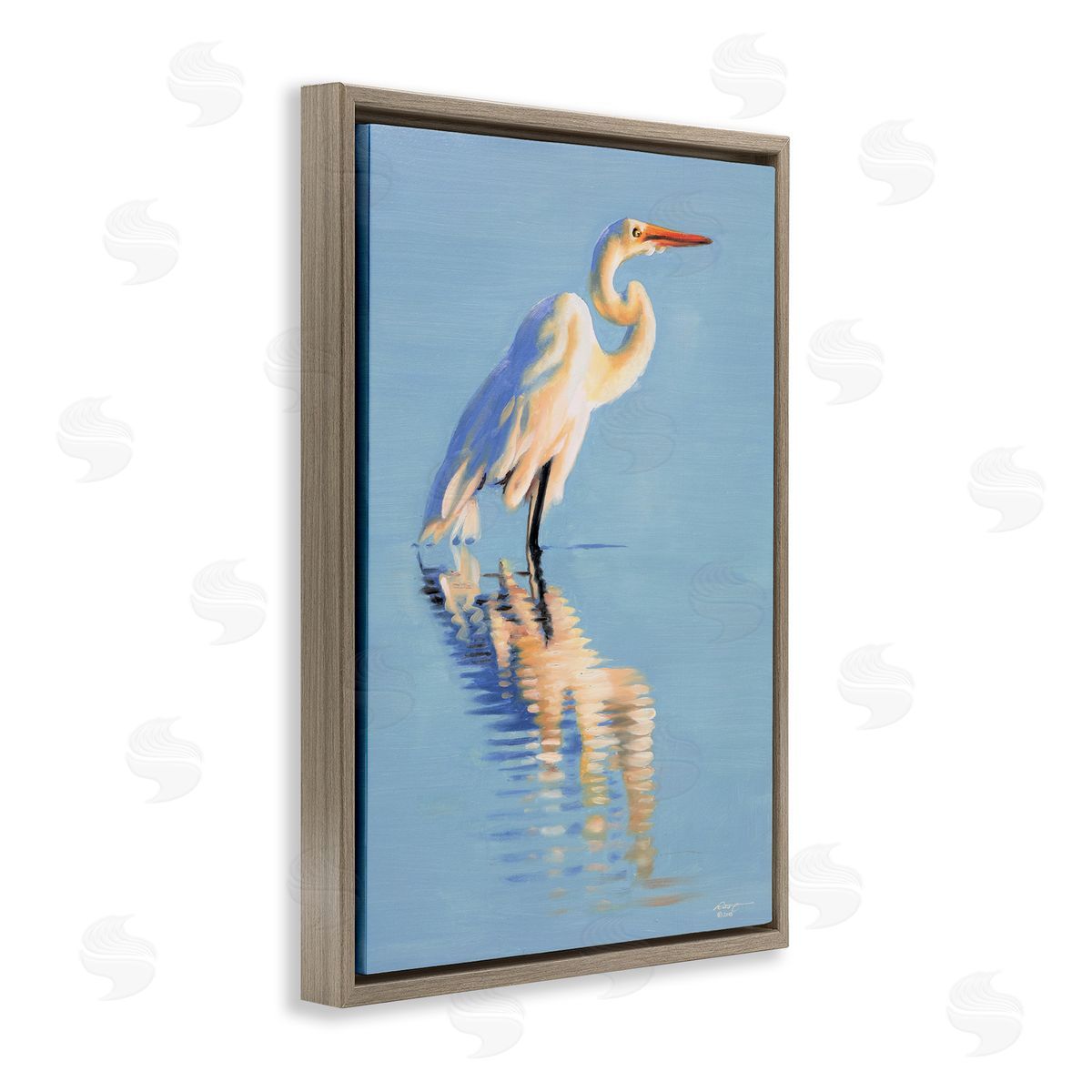 Blue Egret Reflection Brown Floating Frame Canvas Wall Art, Home Decor by D. Rust