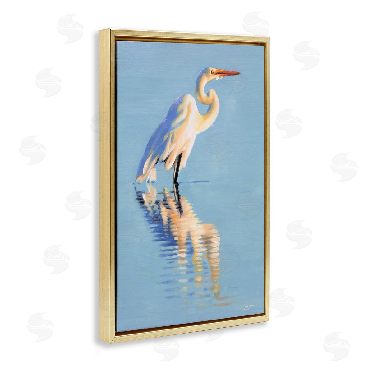 Blue Egret Reflection Gold Floating Frame Canvas Wall Art, Home Decor by D. Rust