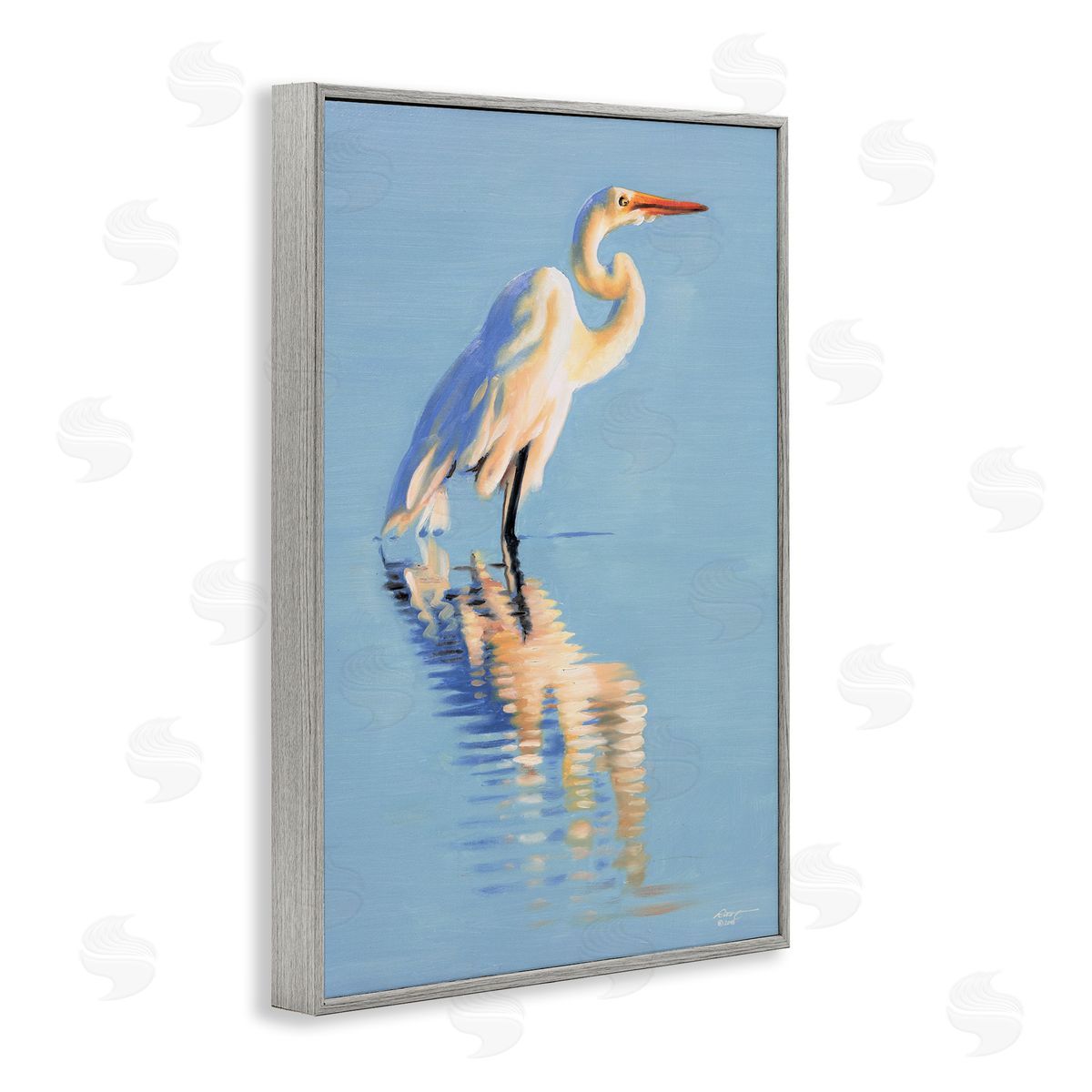 Blue Egret Reflection Grey Frame Print Wall Art, Home Decor by D. Rust