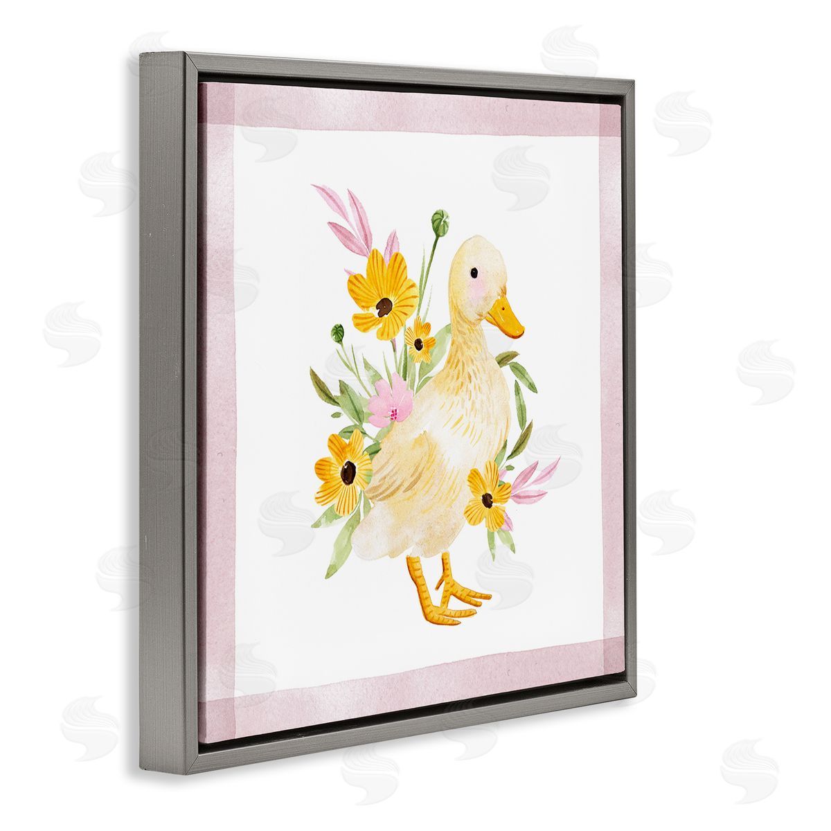 Duck and Yellow Daisies Grey Floating Frame Canvas Wall Art, Home Decor by Enya Todd