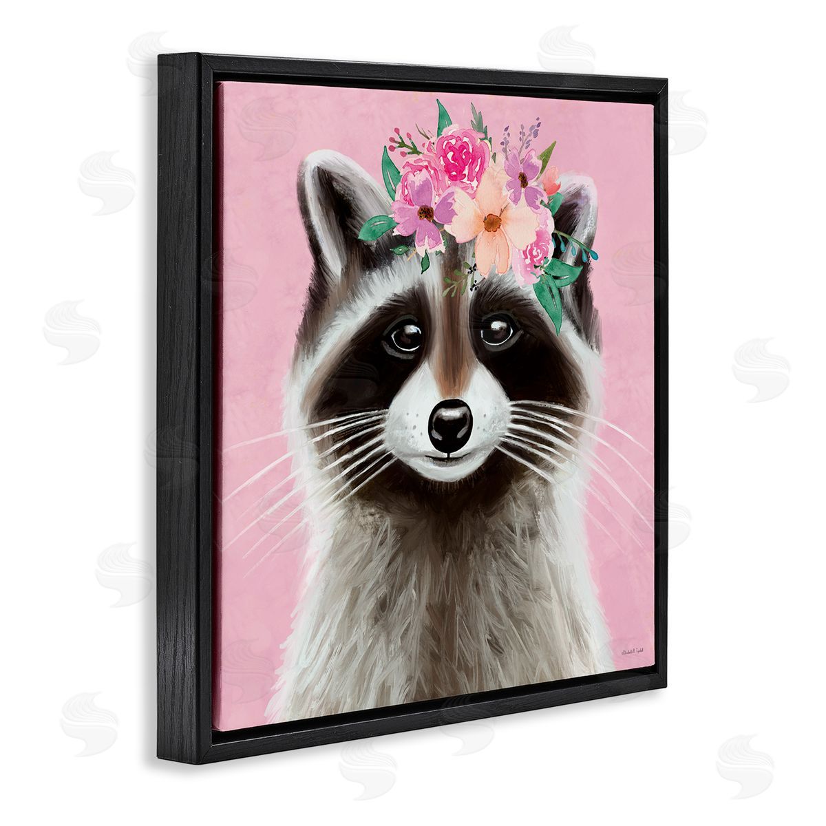 Pink Florals Raccoon Black Floating Frame Canvas Wall Art, Home Decor by Elizabeth Tyndall